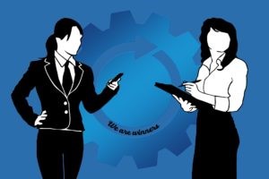 Illustrated images of two business women in black & white on a blue background